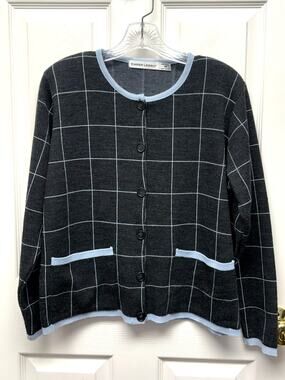 Karen Lessly Sweater Vintage Cardigan Made USA Shoulder Pads Windowpane Size M
